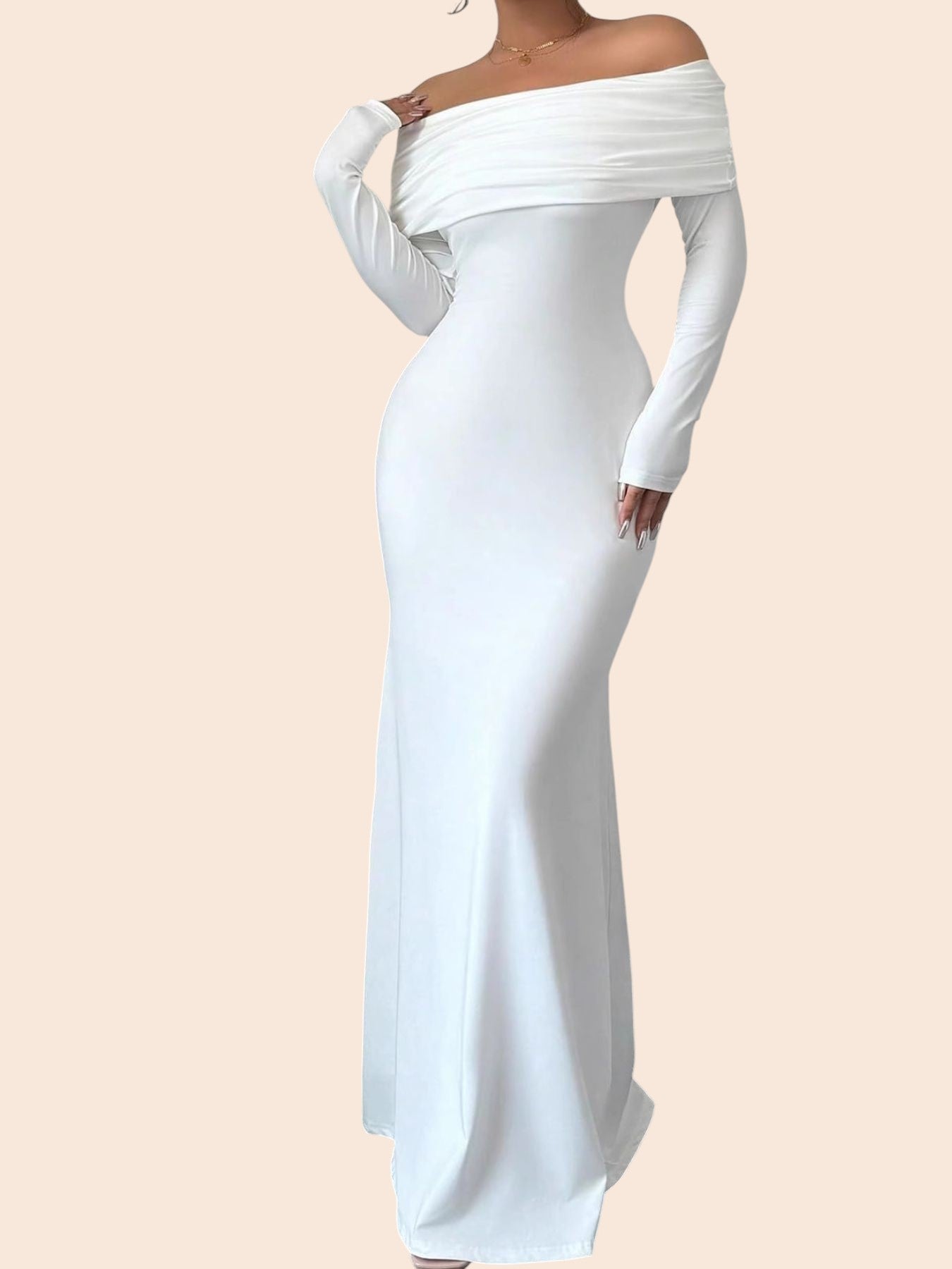 My Store white off-the-shoulder maxi dress with long sleeves and a curve-skimming silhouette for formal events.
