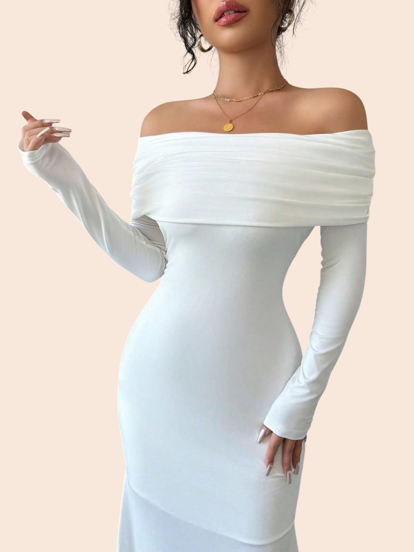 My Store white off-the-shoulder maxi dress with long sleeves and a curve-skimming silhouette for formal occasions