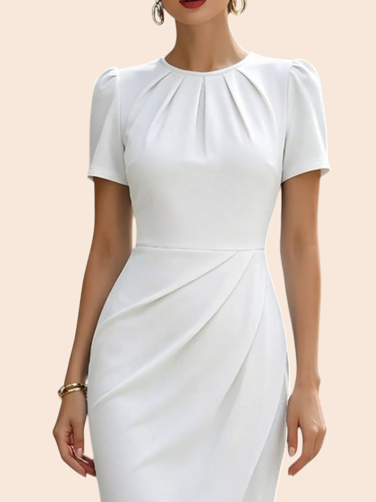 My Store white midi dress with short sleeves, pleated neckline, and waist detailing in a fitted pencil silhouette.