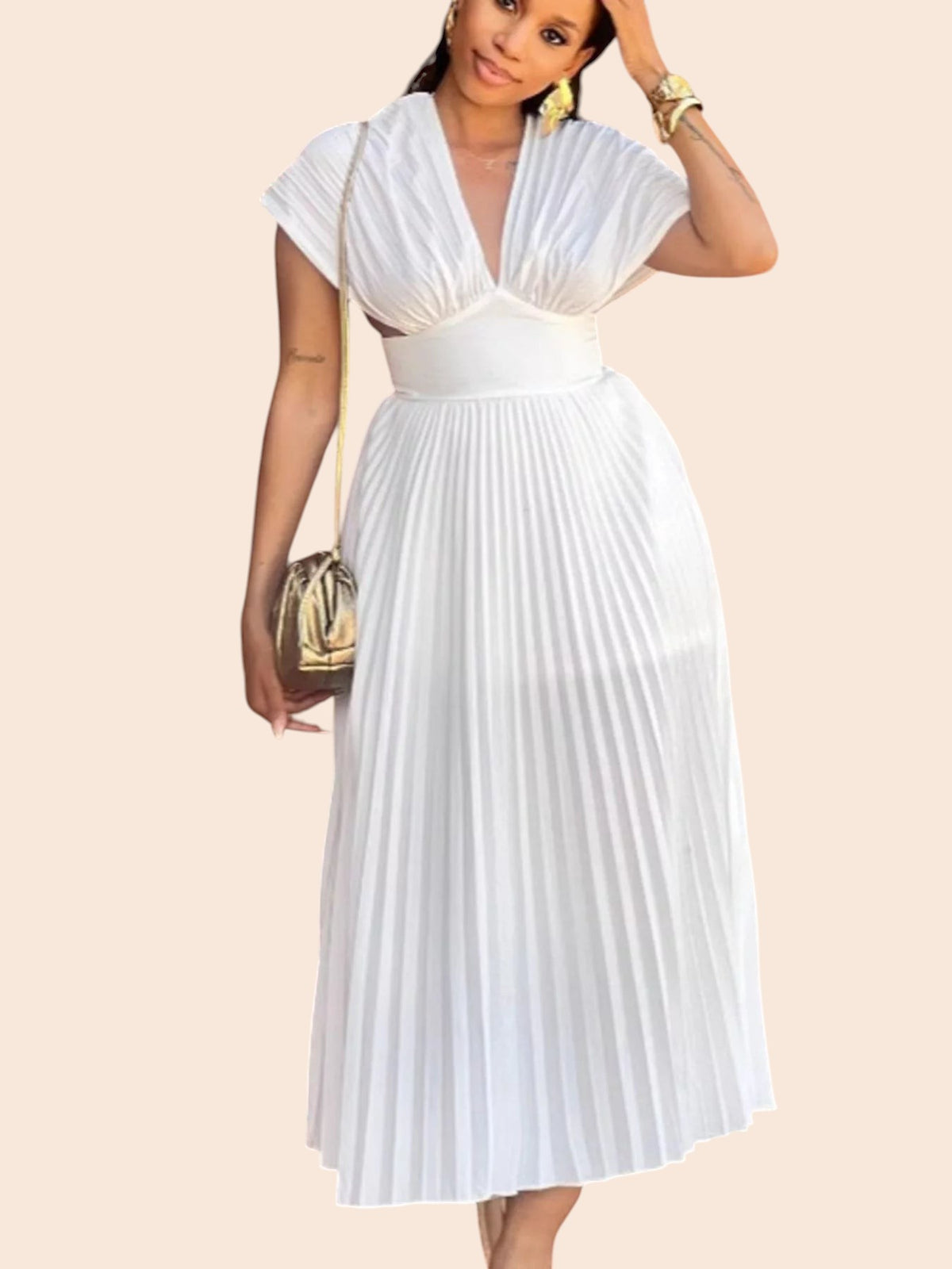 My Store white pleated midi dress with V-neck bodice, cap sleeves, and fitted waistband worn by a woman