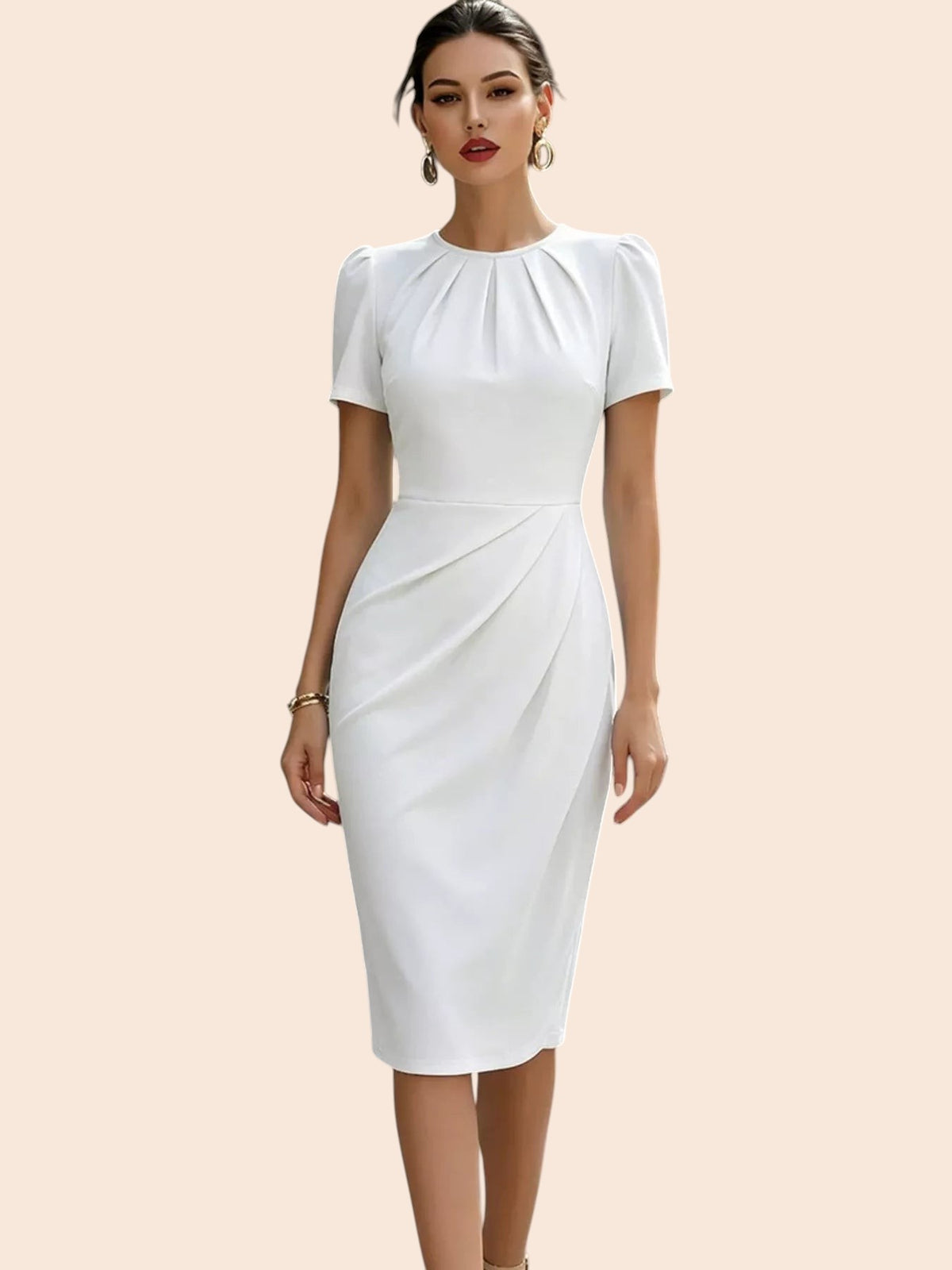 My Store white midi dress with short sleeves, pleated neckline, and waist detailing on a model with gold jewelry.