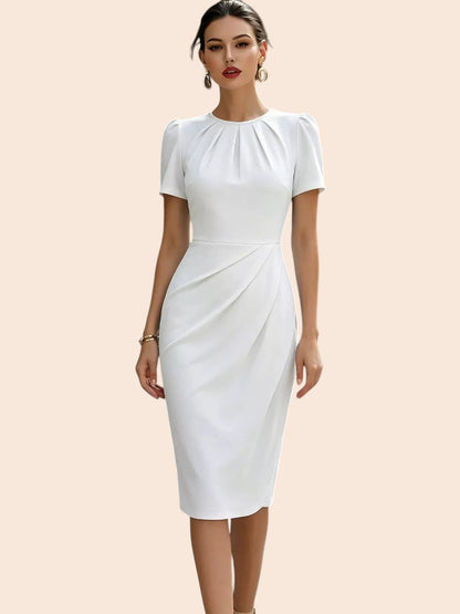 My Store white midi dress with short sleeves, pleated neckline, and waist detailing on a model with gold jewelry.