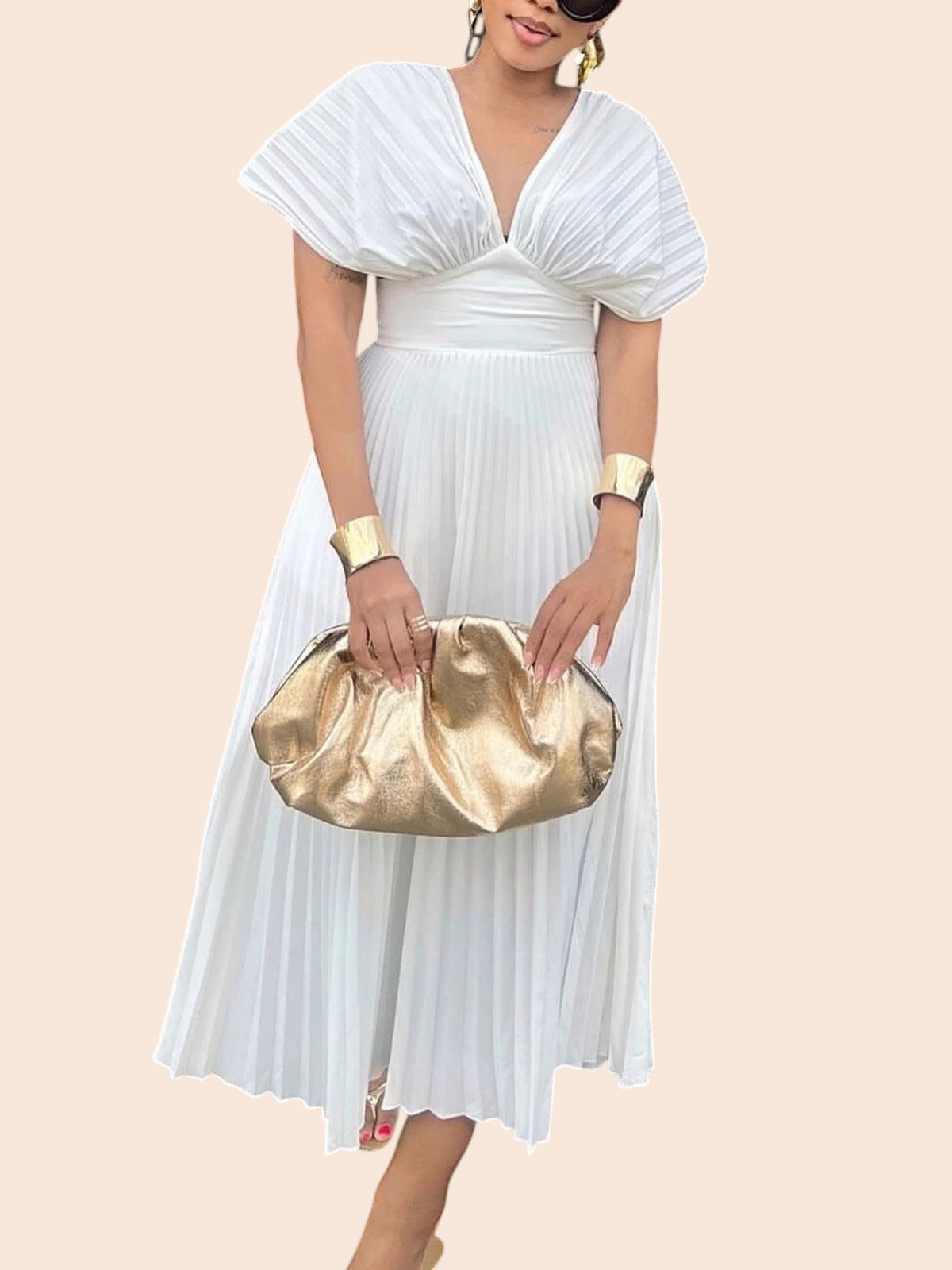 My Store white pleated midi dress with V-neck, cap sleeves, and fitted waistband, styled with a gold clutch.