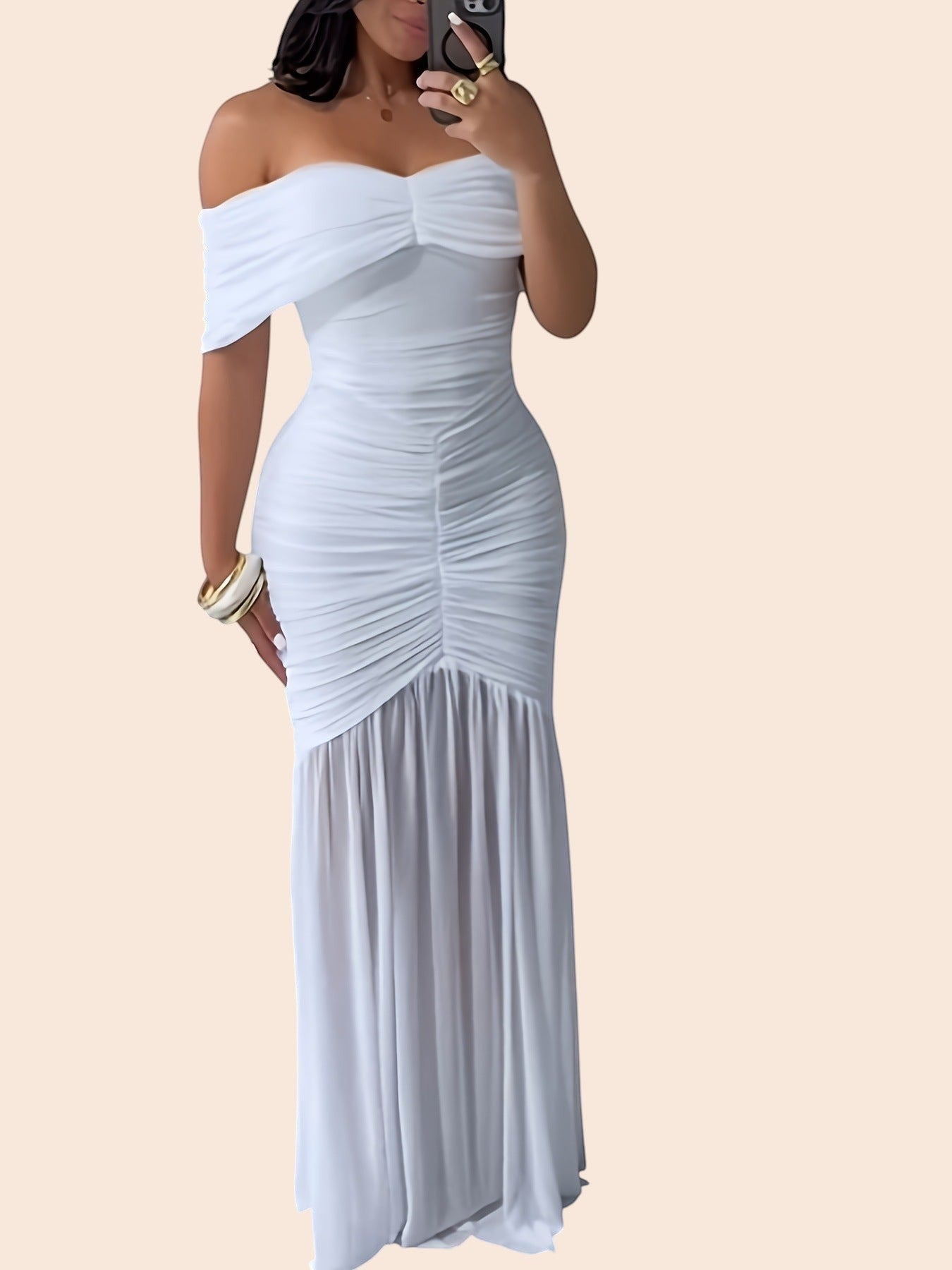 My Store off-shoulder white ruched bodycon maxi dress with elegant draped detailing for formal evening occasions.