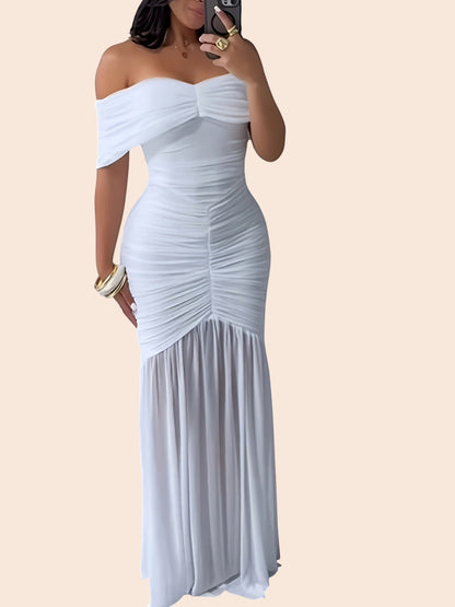 My Store off-shoulder white ruched bodycon maxi dress with elegant draped detailing for formal evening occasions.