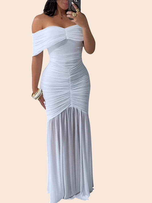 My Store off-shoulder white ruched bodycon maxi dress with elegant draped detailing for formal evening occasions.