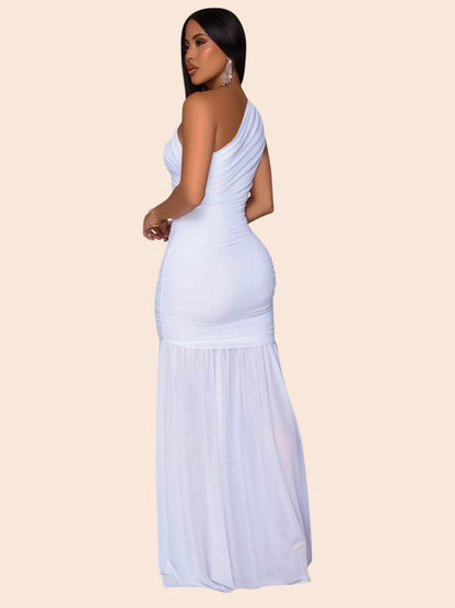 My Store white one-shoulder ruched mermaid maxi dress worn by a model, featuring a fitted bodice and floor-length hem.