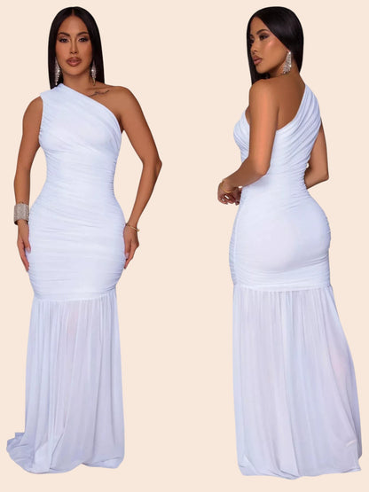 My Store white one-shoulder ruched mermaid maxi dress with a fitted bodice and floor-length skirt on a model