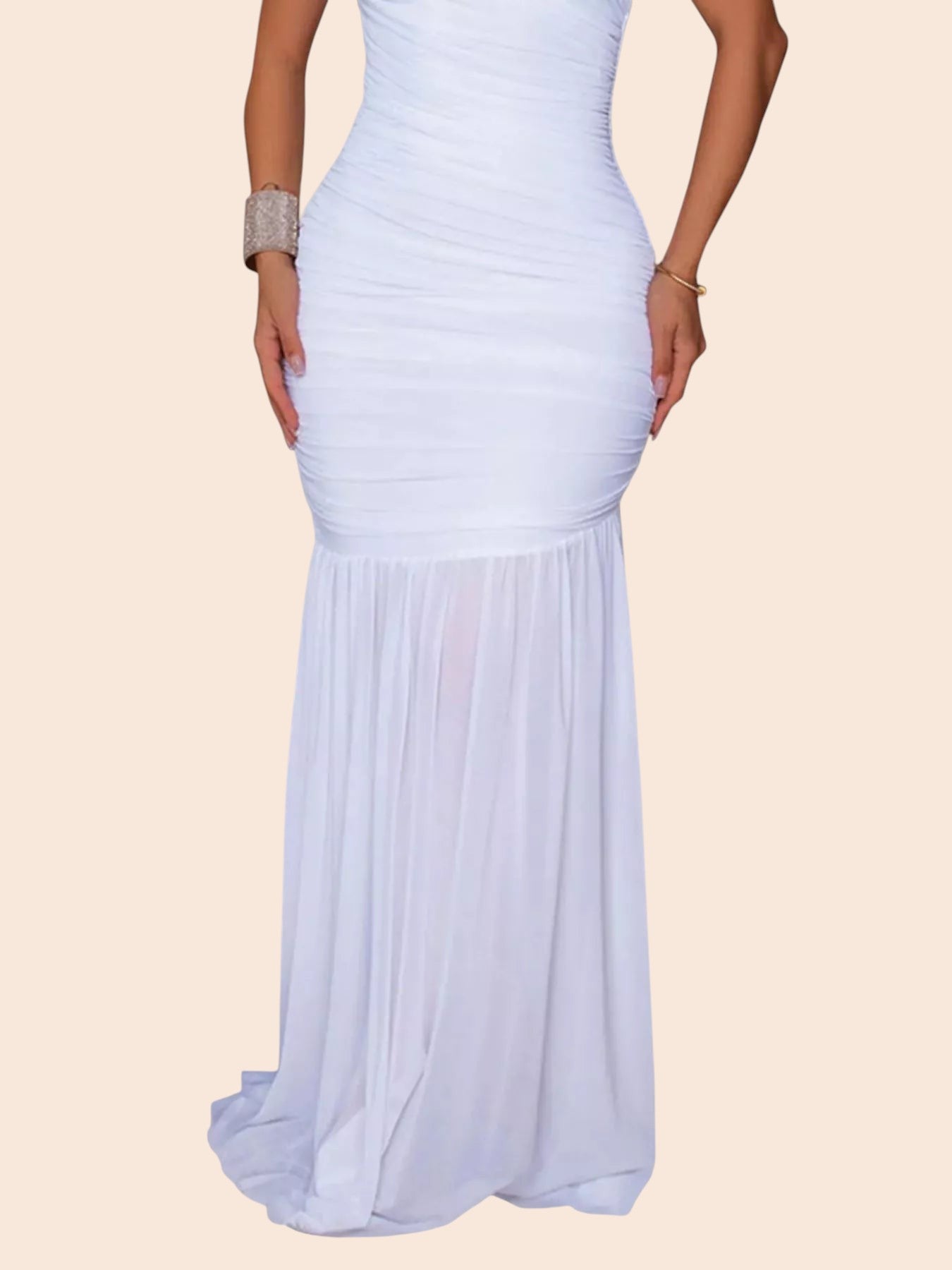 My Store white one-shoulder maxi dress with ruched bodice and flowing mermaid skirt for formal evening events.