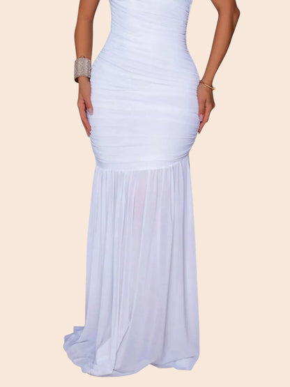 My Store white one-shoulder maxi dress with ruched bodice and flowing mermaid skirt for formal evening events.