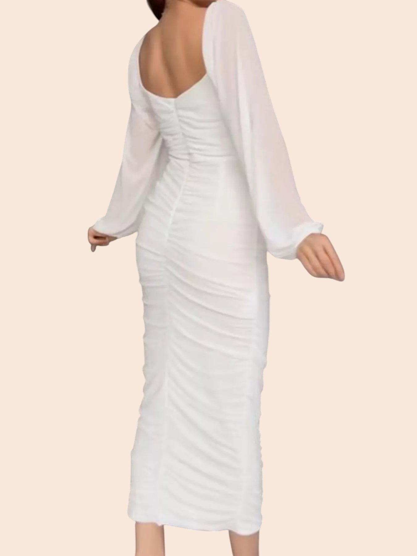 My Store white midi dress with ruched detailing, scoop back, and sheer long sleeves in a bodycon silhouette.