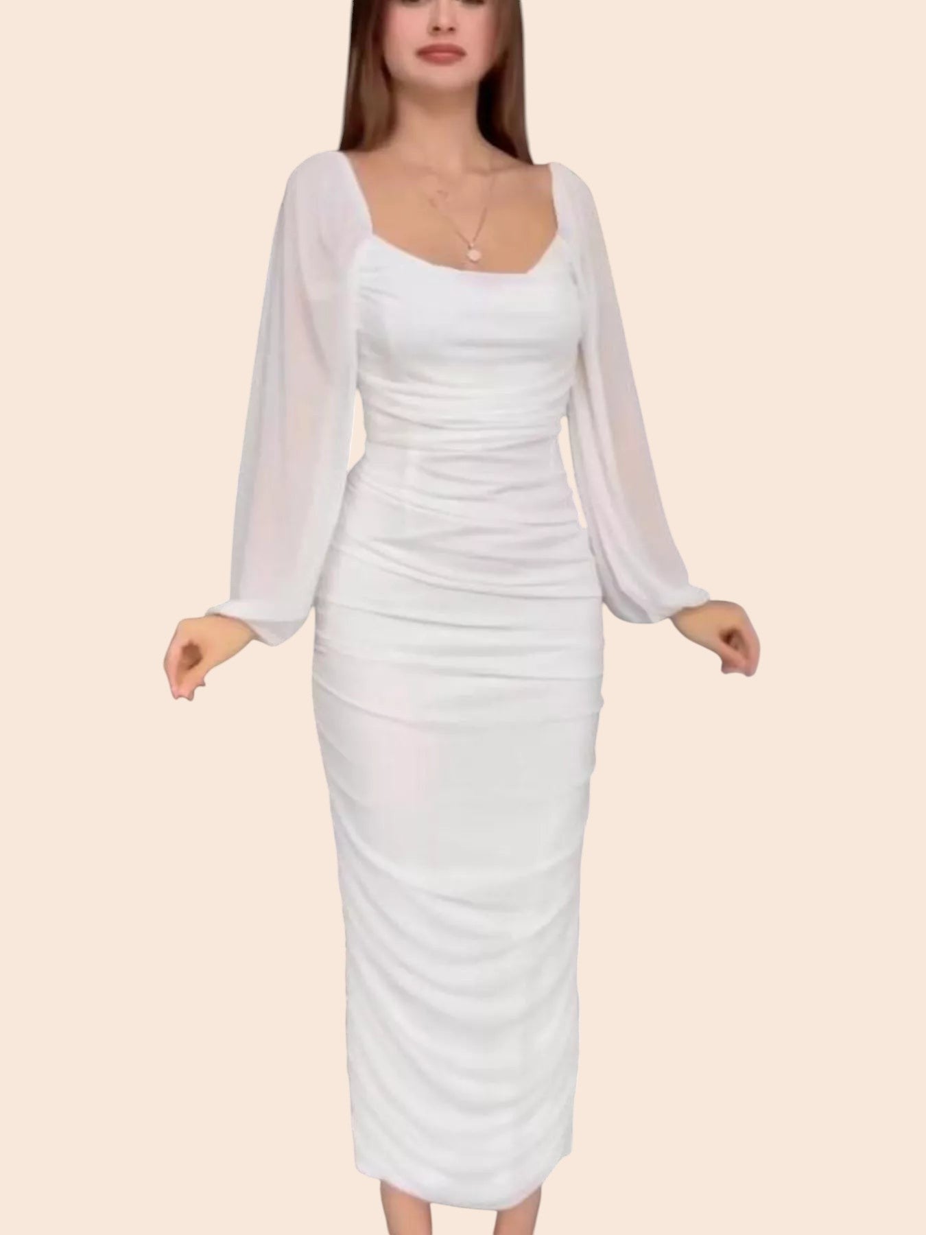 My Store white midi bodycon dress with ruched bodice, scoop neckline, and sheer long sleeves on a model