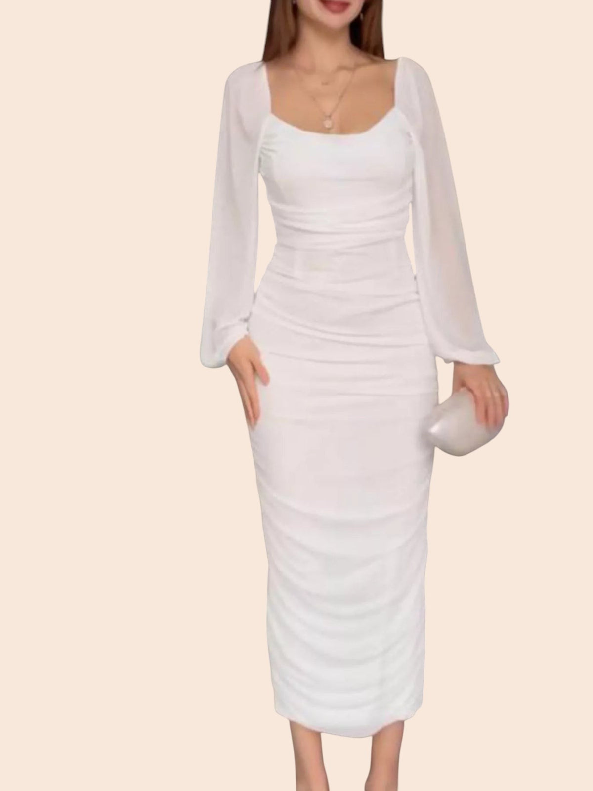 My Store white midi bodycon dress with ruched bodice, scoop neckline, and sheer long sleeves for elegant events.