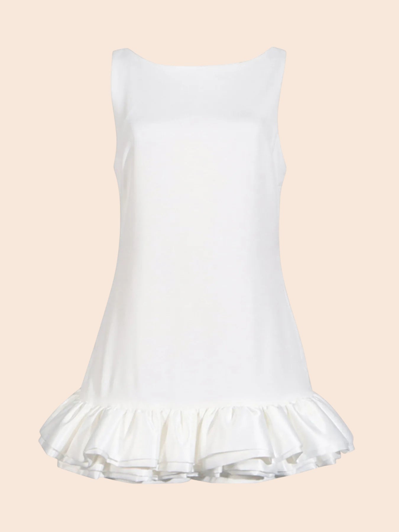 My Store white sleeveless mini dress featuring a round neckline and a sculpted layered ruffle hem in a shift style.