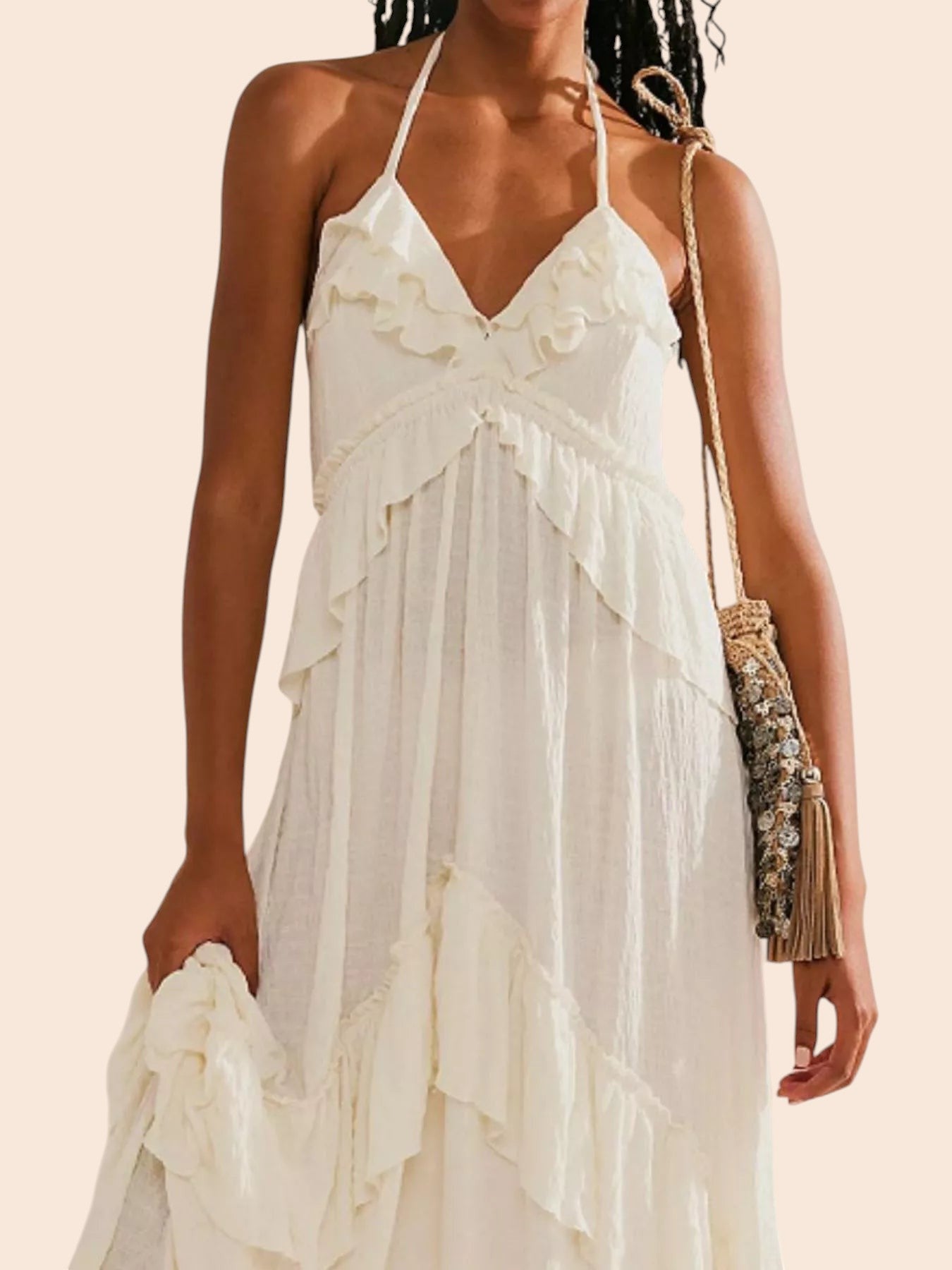My Store white ruffled tiered halter maxi dress with an open back and bohemian style