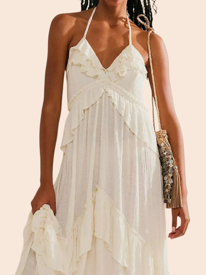 My Store white ruffled tiered halter maxi dress with an open back and bohemian style