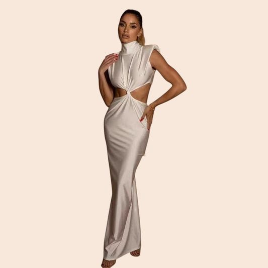 My Store white sleeveless bodycon sheath dress with high neck, cut-out waist, and padded shoulders