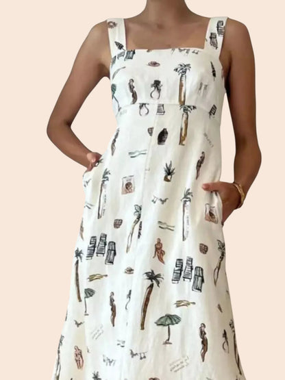 My Store sleeveless white maxi dress with a whimsical tropical print, featuring side pockets and a relaxed fit.
