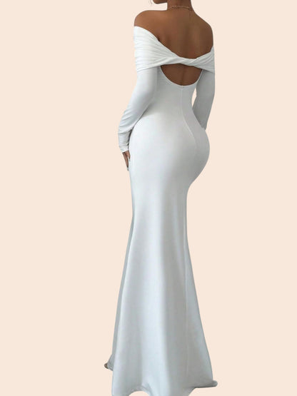 My Store white off-the-shoulder maxi dress with long sleeves and a dramatic twisted back cutout detail