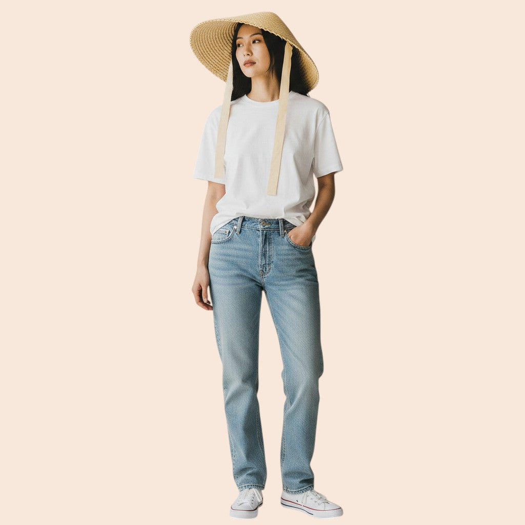 My Store wide brim straw sun hat with light yellow ribbon ties, worn by a woman in a white t-shirt and jeans.