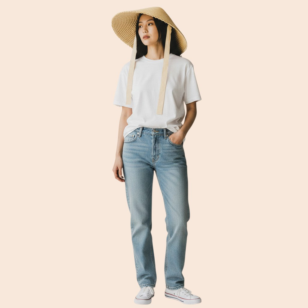 My Store wide brim straw sun hat in natural wheat color with adjustable chin ties and a decorative zig-zag edge.
