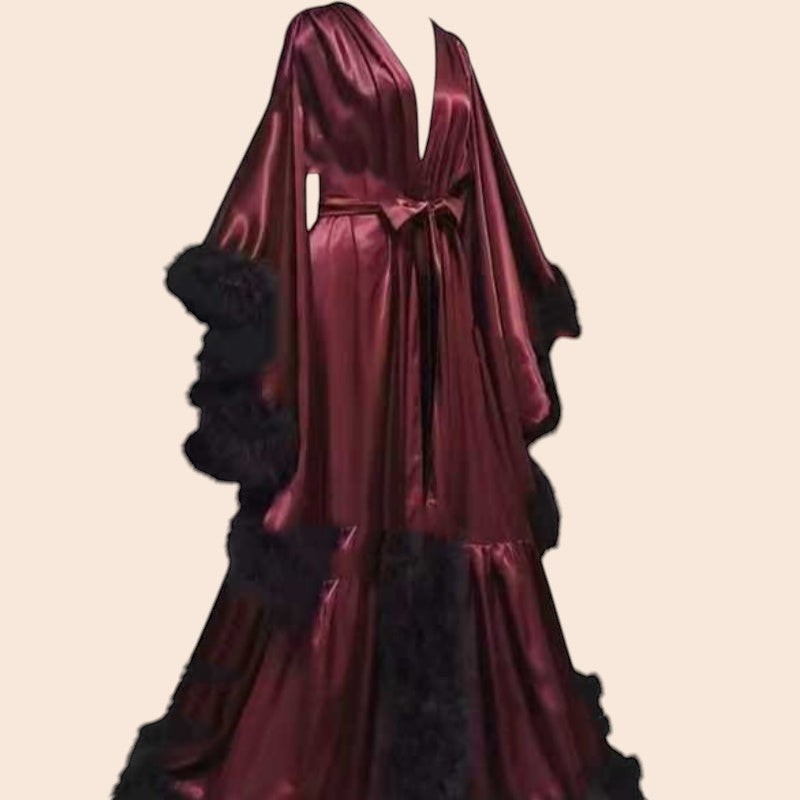 My Store wine red long bridal robe featuring satin fabric, wide sleeves, and black feather trim details.