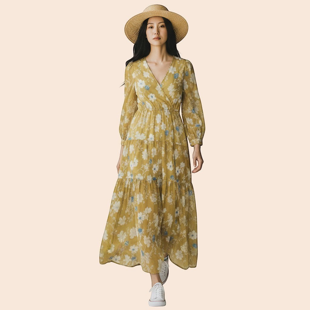 My Store yellow polyester v-neck tiered maxi dress with white and blue floral print and princess sleeves.