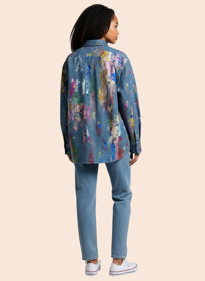 My Store artistic painted long sleeve denim shirt with abstract colorful details. Classic button-up silhouette.