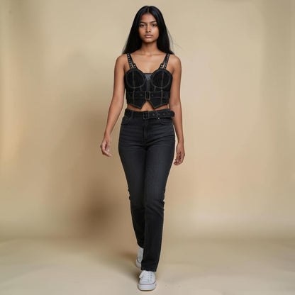 My Store black corset crop top with white contrast stitching, buckle detail, and studded shoulder straps.