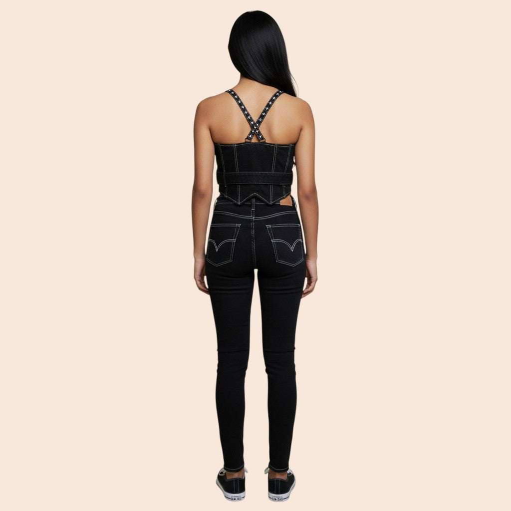 My Store black denim corset crop top with white contrast stitching and studded shoulder straps.