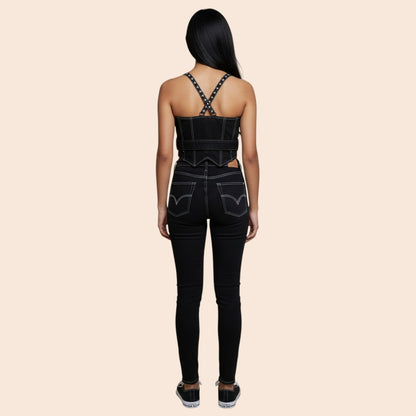 My Store black denim corset crop top with white contrast stitching and studded shoulder straps.