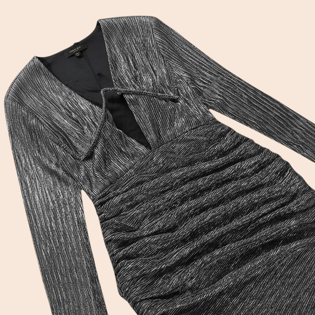 My Store black pleated sheath dress with deep V-neck, long sleeves, and underwire detail.