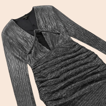 My Store black pleated sheath dress with deep V-neck, long sleeves, and underwire detail.