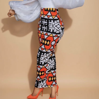 My Store Geometric High-Waist Bodycon Maxi Skirt in orange, white, black, and yellow abstract print. Stretchy fabric.