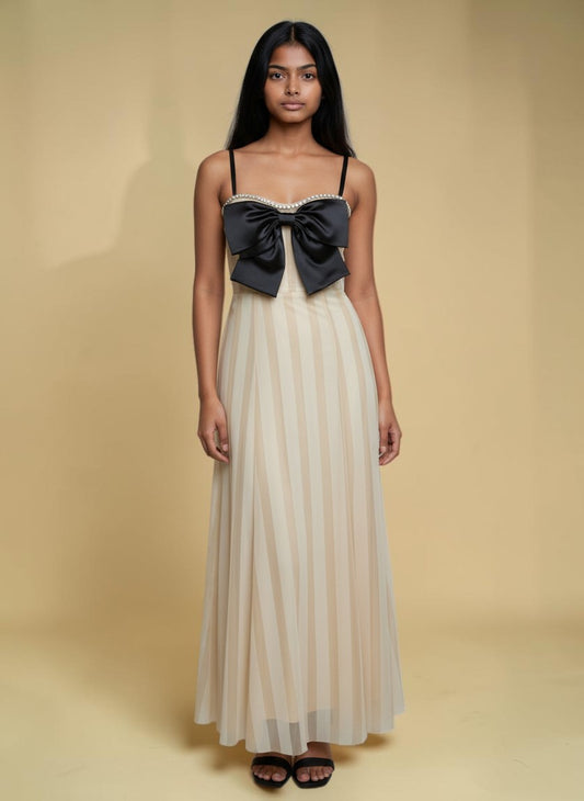 My Store beige mesh corset top with black satin bow and rhinestone trim