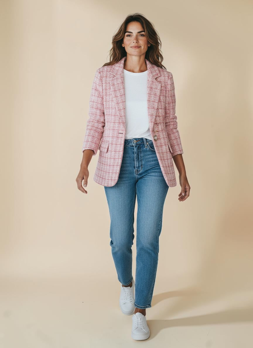 My Store pink tweed blazer with pearl buttons and tailored fit. Textured fabric, ideal for work or elevated casual wear.