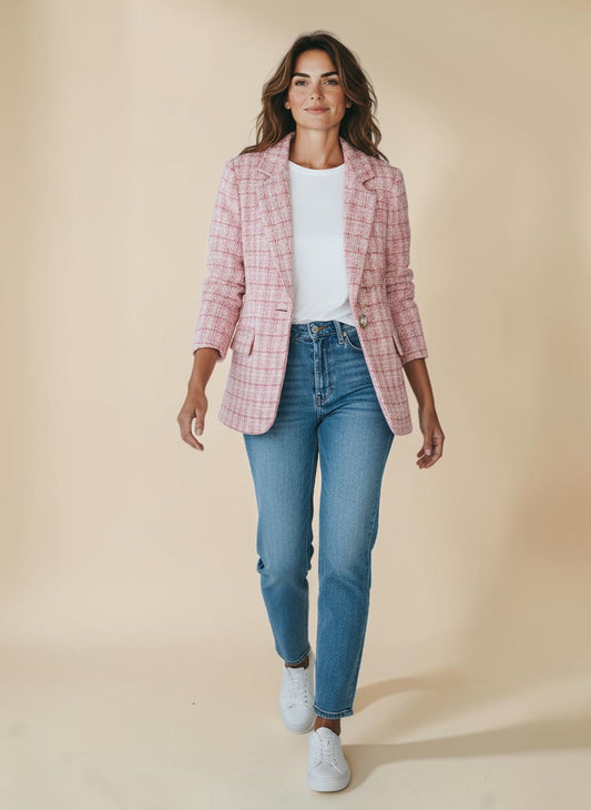 My Store pink tweed blazer with pearl buttons and tailored fit. Textured fabric, ideal for work or elevated casual wear.