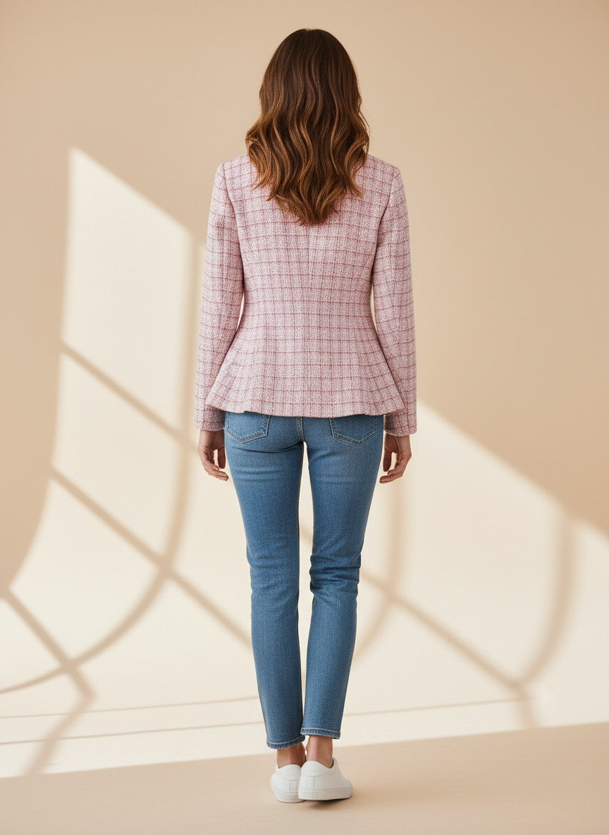 My Store Soft Luxe Tweed Blazer in blush pink with a tailored silhouette and pearl-inspired button detailing.