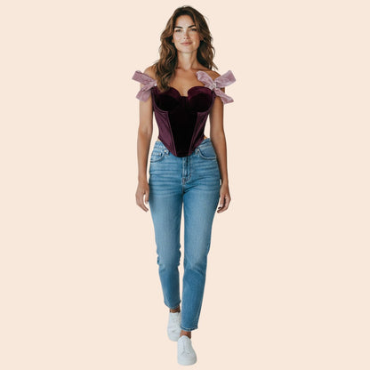 My Store velvet corset top with sweetheart neckline and pink bow straps.