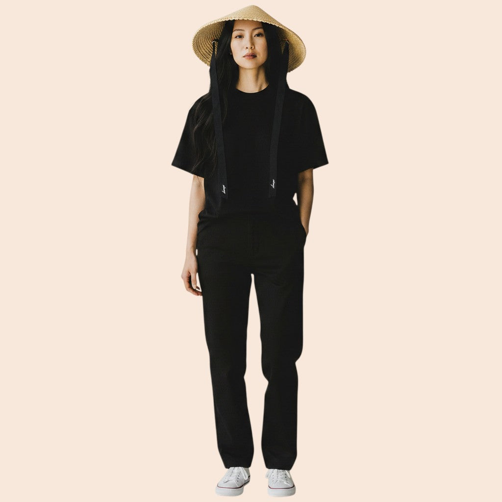 My Store natural wheat straw wide brim sun hat with black ribbon ties and scalloped edge