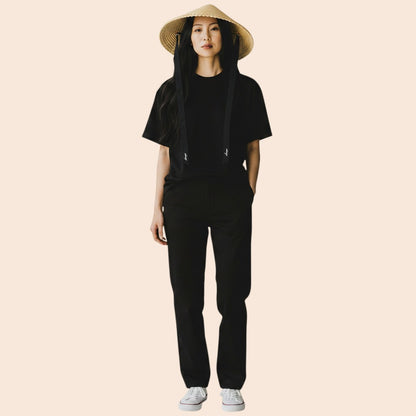 My Store natural wheat straw wide brim sun hat with black ribbon ties and scalloped edge