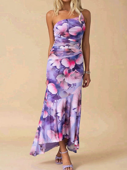 Floral One-Shoulder Ruched Midi Dress