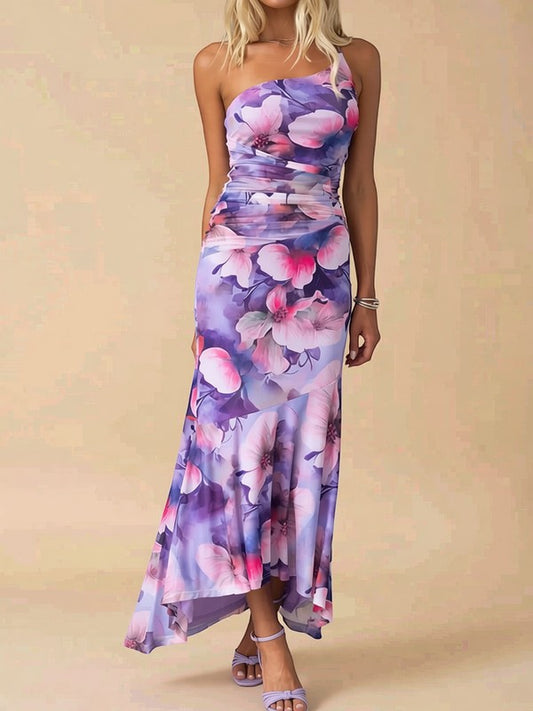 Floral One-Shoulder Ruched Midi Dress
