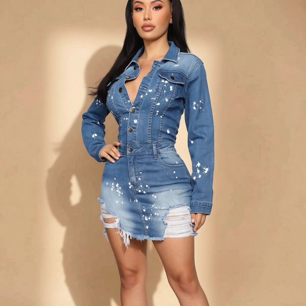 Elastic Denim Button Detail Dress