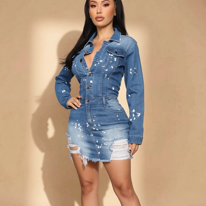 Elastic Denim Button Detail Dress