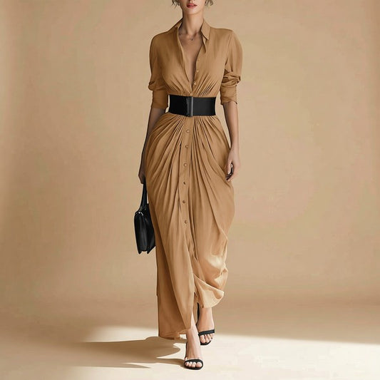 Elegant Belted Lapel Maxi Shirt Dress