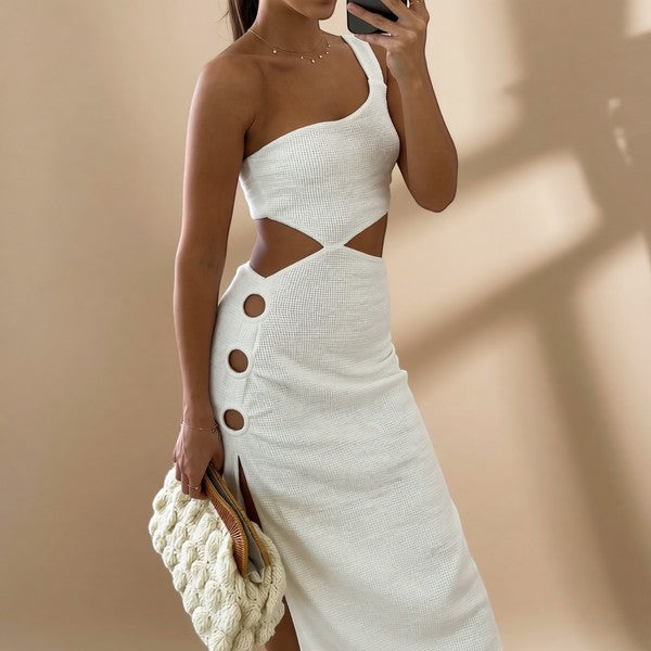 One-Shoulder Cutout Button Detail Midi Dress