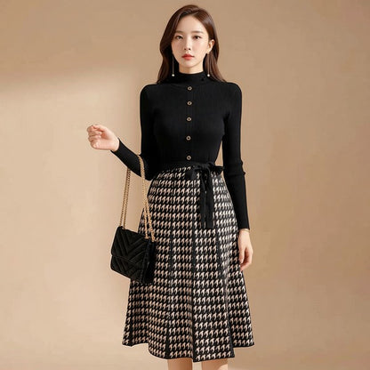Houndstooth Tie-Waist Midi Skirt