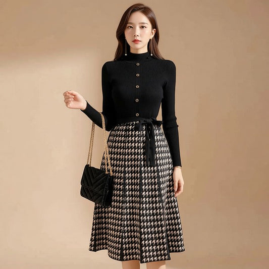 Houndstooth Tie-Waist Midi Skirt